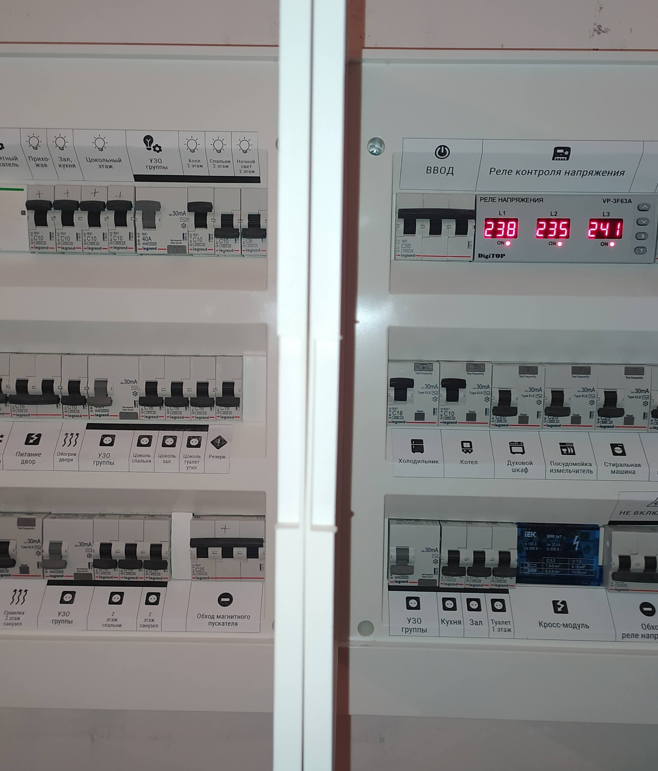 Собранный электрический щит в коттедже. Трёхфазный ввод. Установлено реле напряжения.